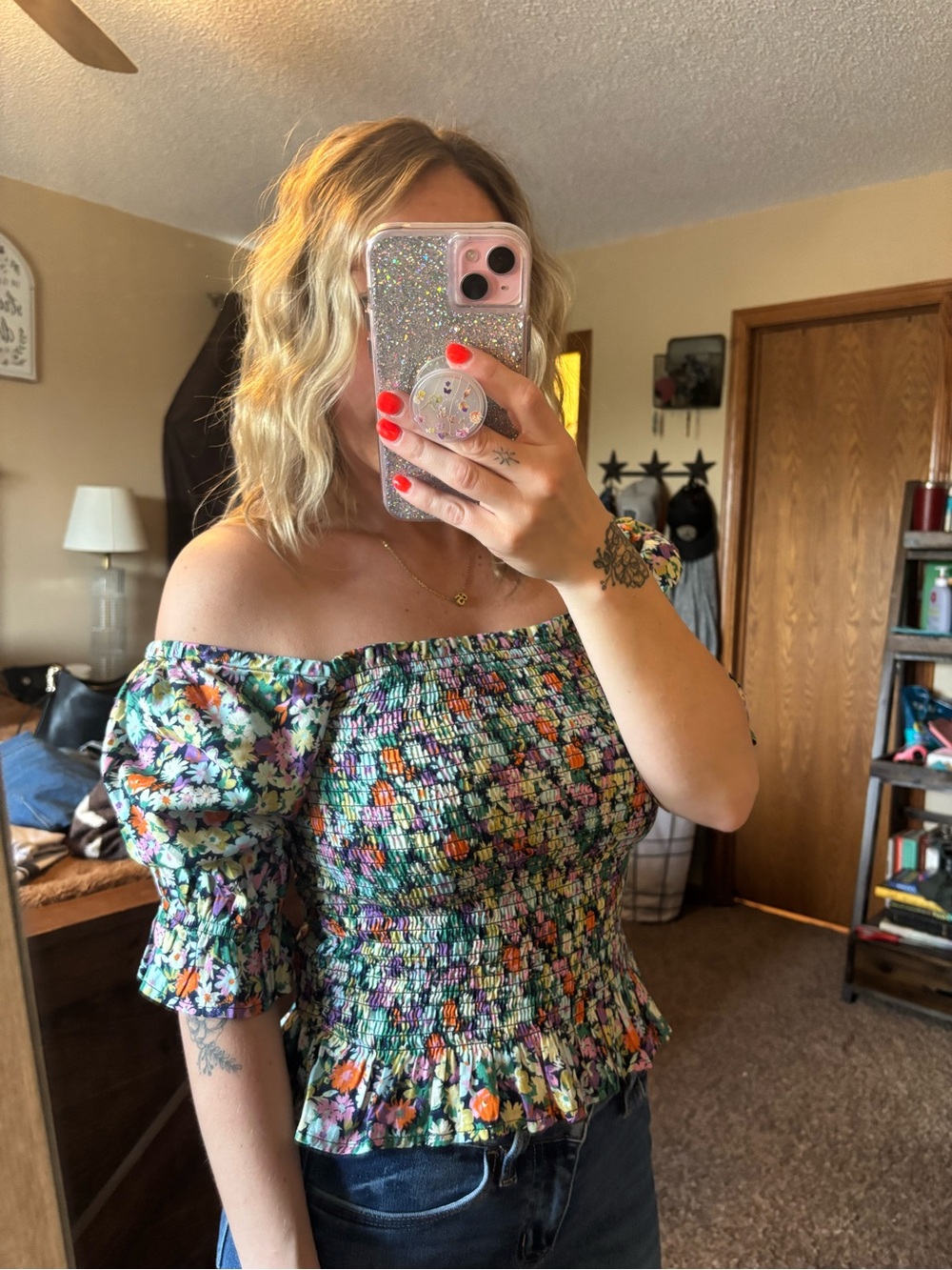 GAP Floral Smocked Off-Shoulder Peplum Top - Green Multi axe